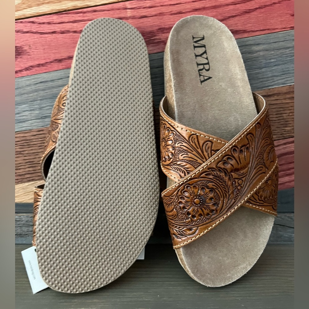 New Release Amazing Myra Bag Handmade Tooled Genuine Leather Spring Sandals - Picture 6 of 11